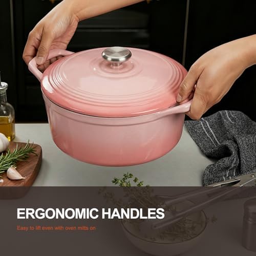 Overmont Enameled Cast Iron Dutch Oven - 5.5QT Pot with Lid Cookbook, Pink - Image 3