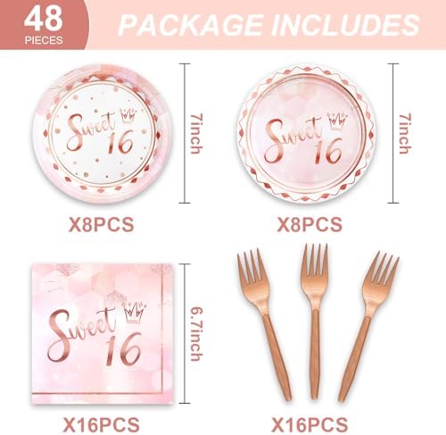 48pcs Sweet 16 Party Decoration Set,16 Dessert Plate,16 Napkin and 16 Fork,Sweet 16 Disposable Tableware for 16 Persons,Used for Pink Rose Gold 16 Party Supplies - Image 2