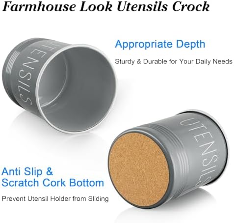 Bivvclaz Gray Kitchen Utensil Holder, 6.7" Utensil Holder for Counter, Cooking Utensil Crock with Cork Bottom, Modern Farmhouse Kitchen Decor, Countertop Utensil Storage Organizer Caddy - Image 3
