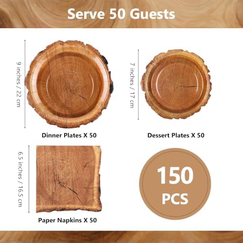 Kochorie 150 Pieces Wood Grain Slice Tableware Set Disposable Paper Plates and Napkins Rustic Wood Party Decorations for Camping Baby Shower Hunting Lumberjack Birthday Party Supplies - Image 2