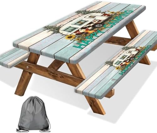 Flowers Picnic Table Cover with Bench Covers and Bag, Camping Essentials, Green Camper Wooden Grain Waterproof, Fitted Tablecloth Cover with Elastic Edge, Outdoor Table Covers, 3 PCS, 30x72 Inch by Xguatan