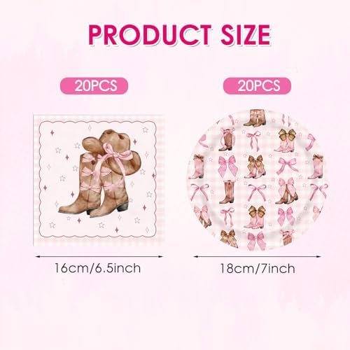 Coquette Bow Cowgirl Paper Plates Tableware Set 40PCS Western Cowgirl Birthday Party Supplies Pink Bowknot Boots Rodeo Bachelorette Party Plates and napkins for Wild West Baby Shower Decor - Image 2