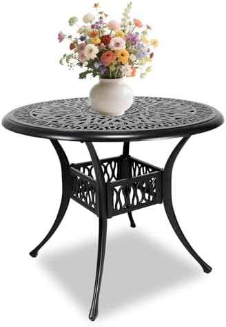 35" Outdoor Dining Table, Cast Aluminum Patio Bistro Table with 2.44" Umbrella Hole, Patio Furniture for Backyard Garden, Black by PATIO-IN