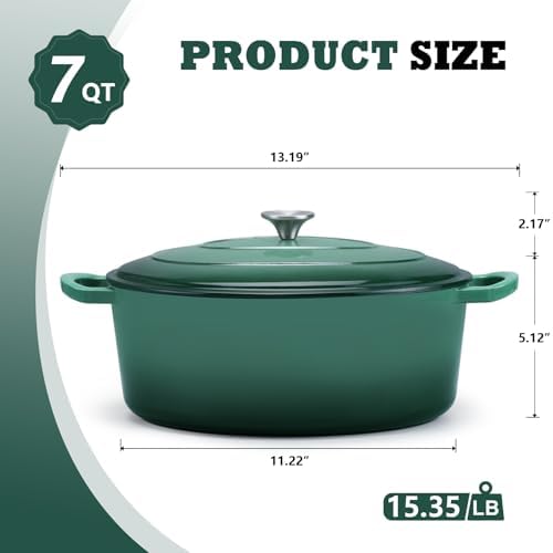 P&P CHEF Oval Dutch Oven with Lid, Enameled Cast Dutch Oven Pot for Bread Baking, Braising, Stewing, Roasting, Non-Stick & Oven Safe, Dual Handles & Easy Clean, 7QT & Dark Green, Valentine's Day - Image 2