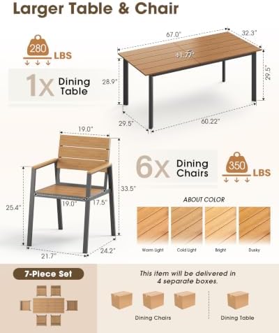 Outdoor Dining Set, Aluminum Patio HDPS Outdooor Table and Chairs Set with Umbrella Hole, All Weather Patio Furniture Set, Patio Dining Table Set ,Gray & Teak ,7 Pieces - Image 2