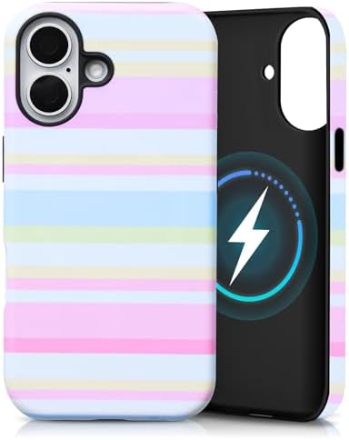 for iPhone 16 Case, Magnetic Matte Frosted Dual-Layer Striped Phone Case for Women, Retro Aesthetic Cover Compatible with Mag Safe Accessories - Pastel Dream by YKCZL