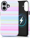 for iPhone 16 Case, Magnetic Matte Frosted Dual-Layer Striped Phone Case for Women, Retro Aesthetic Cover Compatible with Mag Safe Accessories - Pastel Dream by YKCZL