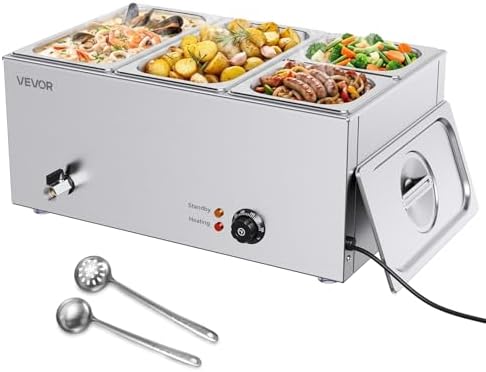 VEVOR 4-Pan Commercial Food Warmer, 24QT Electric Steam Table, 1200W Professional Countertop Stainless Steel Buffet Bain Marie with 86-185°F Temp Control for Catering and Restaurants, Silver by VEVOR