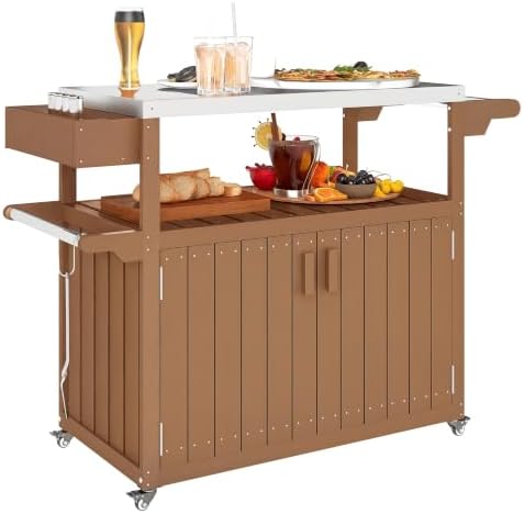 Outsunny Outdoor Bar Cart with Storage Cabinet Kitchen Island Brown by Outsunny