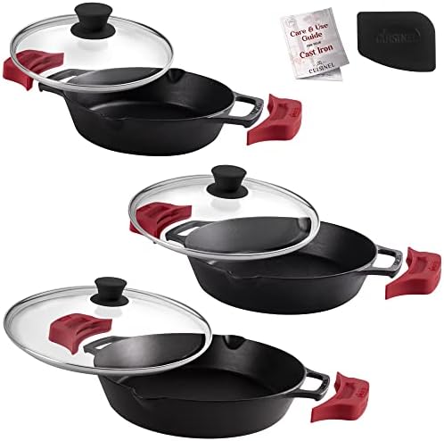 Cast Iron Skillet Set - 8"+10"+12"-Inch Dual Handle Frying Pans + Glass Lids + Silicone Handle Holder Covers - Pre-seasoned Oven Safe Cookware - Indoor/Outdoor Use - Grill, Stovetop, Induction Safe by Cuisinel