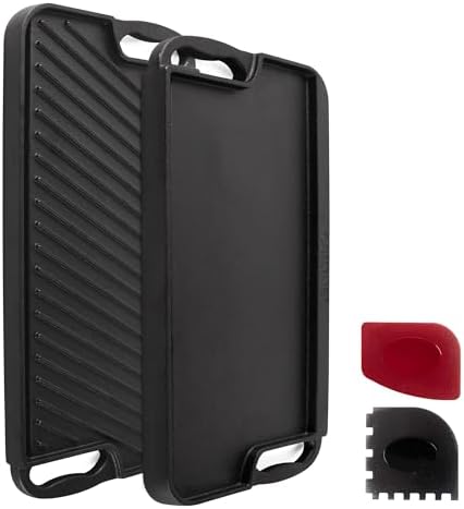 Cuisinel Cast Iron Griddle/Grill + Scraper/Cleaner - Reversible Pre-Seasoned 20" X 10"-inch Dual Handle Flat Skillet and Griller Pan + Cleaning Accessories - Indoor/Outdoor Stove Top Burner, Gas Safe by Cuisinel