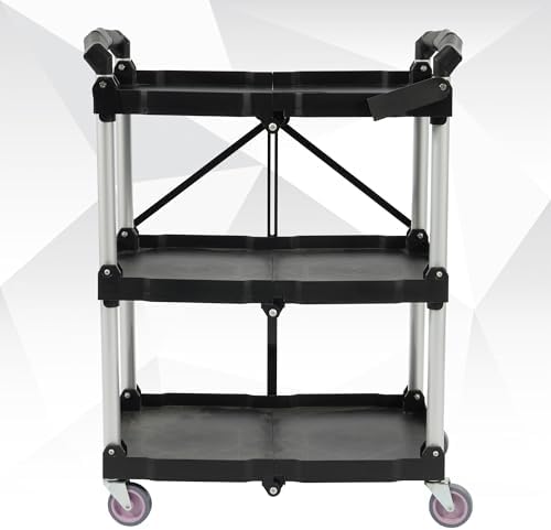 ELEVON Portable Folding Collapsible Service Cart Foldable Service Cart 3 Tier Collapsible Push Cart Folding Utility Carts with Wheels for Office Warehouse Home, Black - Image 3