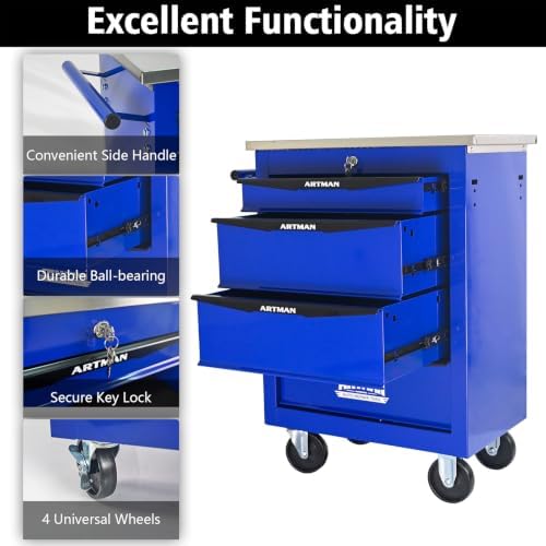 4-Drawer Heavy-Duty Rolling Tool Chest with Wheels & Steel Roof, Lockable Tool Chest Storage Cabinet for Garage, Workshop, Warehouse, and Repair Shop - Image 5