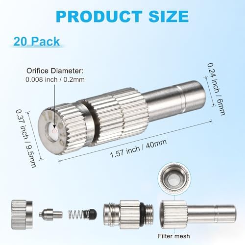 M METERXITY 20-Pack Brass Misting Nozzles, 0.008"/0.2mm Orifice Mister Replacement Heads with Filter Mesh for Cooling System/Landscaping/Humidification, 6mm Low-Pressure Fog Sprayer Nozzle - Image 3