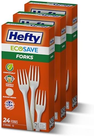 Hefty ECOSAVE Compostable Forks, 3 Pack, Disposable Forks for BBQs, Tailgates, Camping, Parties, and More, Strong and Durable Construction, Sustainable Design, 24 Forks per Pack, 72 Forks Total by Hefty