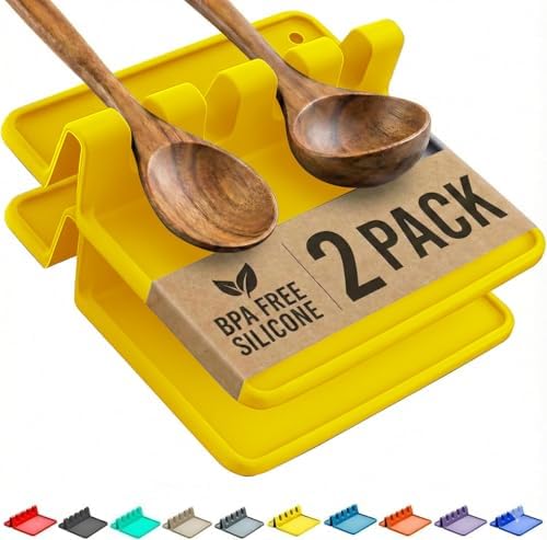 2 Pack Yellow Silicone Spoon Rest for Stove Top Kitchen Spoon Holder Set by CoolerKitchen
