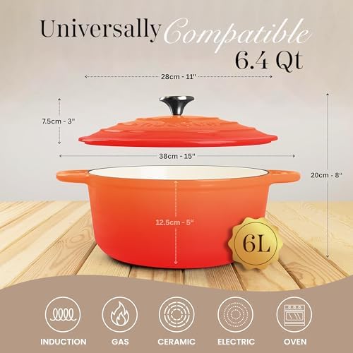Nuovva Enamelled Cast Iron Dutch Oven Pot with Lid-6.4 Quart Non Stick Casserole Pot-Heavy Duty & Oven Safe up to 500° F for Bread Baking, Braising, Stews, Roasting - 28cm Orange - Image 2
