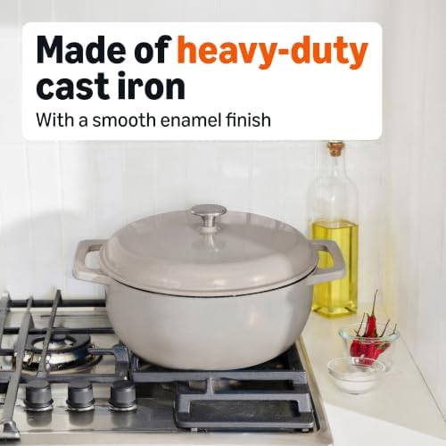 Amazon Basics Enameled Cast Iron Dutch Oven Pot With Lid, 6-Quart, Round, Dual Handles, Heavy-Duty, Oven Safe for Stews, Roasting & Baking, Linen Gray - Image 4