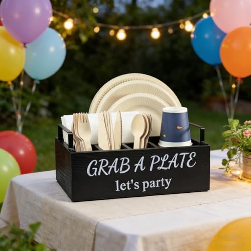 Paper Plate Holder, Utensil Caddy Organizer, Wood Paper Plate Dispenser, Silverware Caddy Holder, and Disposable Coffee Bar Accessories Box for Kitchen Counter, Party, Camping, Picnic (6 compartment) - Image 4