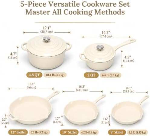 QuliMetal Enameled Cast Iron Cookware Set, 5-Piece Pots and Pans Set with Lids, Skillet, Frying Pan, Saucepan & Dutch Oven for All Stovetops, PFOA Free, Ideal for Sourdough Bread Baking - Image 2