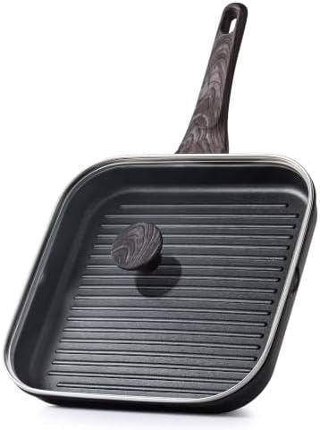 SENSARTE Nonstick Grill Pan with Lid, Grill Pan for Stove Tops, Versatile Griddle with Pour Spouts, Square Big Cooking Surface, Durable Skillet Indoor & Outdoor Grilling. PFOA Free, 11 Inch by SENSARTE