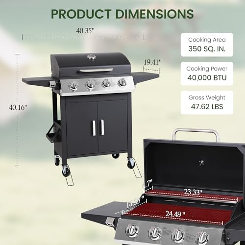 HUGROVE 4-Burner Propane Gas BBQ Grill, Upgraded 40,000 BTU Stainless Steel Barbecue Grill with Foldable Side Tables, Spice Rack & Wheels for Outdoor Cooking - Image 2