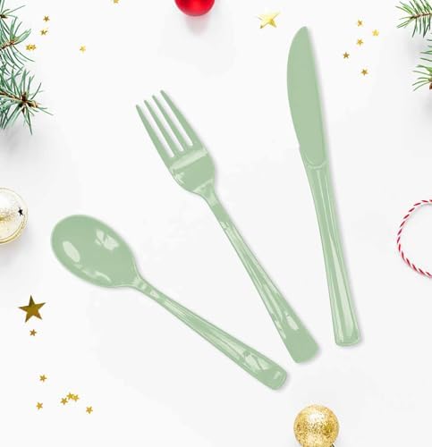HEIPINIUYE 75 Pack Sage Green Plastic Cutlery Heavy Duty Sage Plastic Knives Forks and Spoons Disposable Silverware Set for 25 Guest Camping Birthday Baby Shower Party Cutlery Set - Image 4