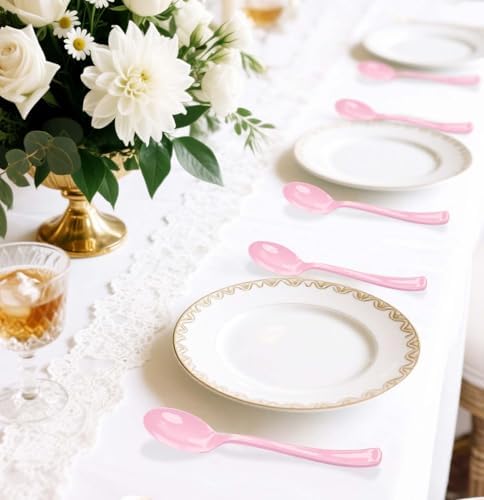 SietDESEO 50 PCS Light Pink Plastic Spoons Disposable Utensils Heavy Duty Baby Pink Spoons Disposable Cutlery for Birthday Wedding Baby Shower Bridal Shower Plastic Silverware - Image 6