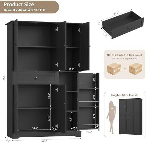 HOSTACK 68" Tall Kitchen Pantry Storage Cabinet with Doors & Shelves, Black - Image 3