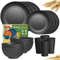 Teivio 16-Piece Kitchen Plastic Wheat Straw Dinnerware Set, Service for 4, Dinner Plates, Dessert Plate, Cereal Bowls, Cups, Unbreakable Plastic Outdoor Camping Dishes, Black by Teivio
