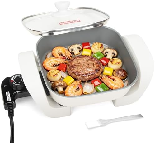 SugarWhisk 8-inch Ceramic Coated Electric Skillet with Lid, Non Stick Skillet Griddle Pan Electric, Rapid Heat Up, 650W, Breakfast Skillet, Kitchen Appliances for Cooking, White by Unknown