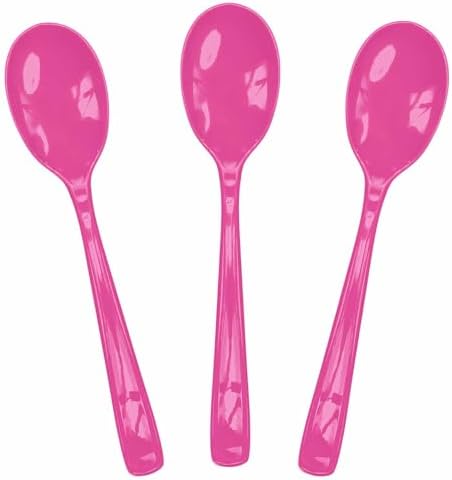 SietDESEO 50 PCS Hot Pink Plastic Spoons Disposable Utensils Heavy Duty Hot Pink Spoons Disposable Cutlery for Birthday Wedding Baby Shower Bridal Shower Plastic Silverware by SietDESEO