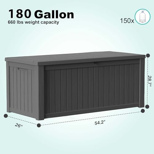 PatioZen 180 Gallon Deck Box,Resin Outdoor Storage Box with Lockable for Patio Furniture, Pool Accessories, Garden Tools Waterproof Outside Storage Box (Black) - Image 5