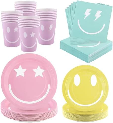 Kochorie 96 Piece Preppy Smiley Face Party Paper Plates Preppy Smile Face Party Decorations Preppy Tableware Set Paper Smile Face Plates Cups Napkins Cutlery Serve 24 Guest for Birthday or Baby Shower by Kochorie