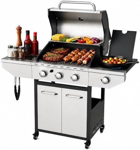 3-Burner Gas Grill with Side Burner, 40000 BTU Stainless Steel BBQ by LOUAORIS