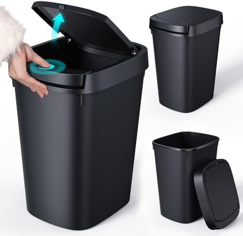 CEROELDA 3 Pack Slim Bathroom Trash Can, 10L/2.6 Gal with Press Top and Pop-up Lid, Plastic Wastebasket for Toilet, Office, Bedroom (Black) by WelcometoCEROELDA