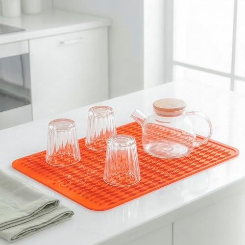 MicoYang Silicone Dish Drying Mat — Quick-Dry Ridges Counter & Sink Pad, Heat-Resistant Trivet to 450°F, Non-Slip & Dishwasher Safe, Roll-Up Storage, 18 Colors & 9 Sizes (Orange, 16"×12") - Image 6