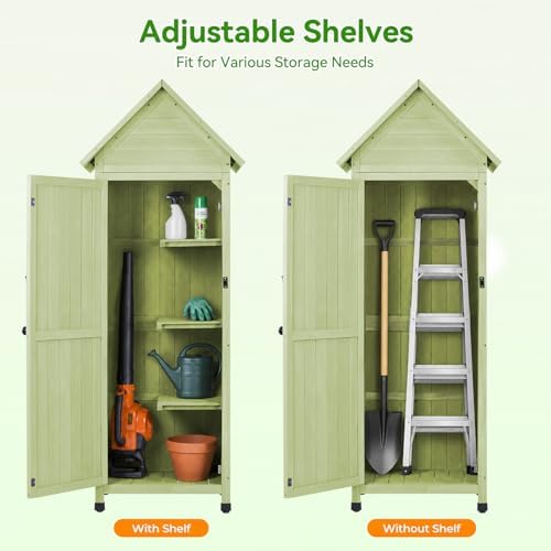 Narrow Outdoor Storage Cabinet, 67" Wooden Vertical Garden Tools Shed, Patio Storage Organizer with Latch & Waterproof Roof for Yard Deck Lawn Farmland Equipment(Green) - Image 5