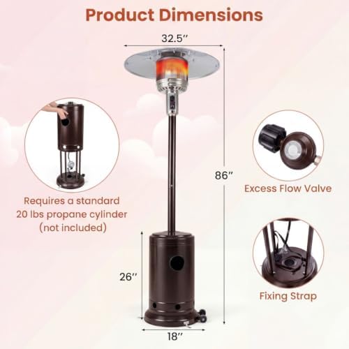 COSTWAY Outdoor Patio Heater, 47476 BTU Propane Heater with Stainless Steel Burner and Wheels, Triple Protection System, Standing Portable Outside Heater for Porch, Deck, Home and Commercial, Bronze - Image 3
