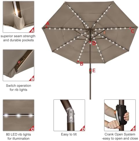 EliteShade USA 10-Year-Non-Fading 9ft 3-Tier Market Patio Umbrella, Commercial Table Umbrella with 80 Solar LED Lights, Crank Open, Windproof & UPF 50+ UV Protection for Garden, Deck, Pool, Backyard, Mushroom - Image 5