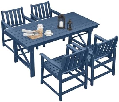 5 Pieces HDPE Patio Dining Set, Outdoor Table and Chairs with Umbrella Hole, Modern Outdoor Dining Set for 4, HDPE Outdoor Patio Furniture Dining Sets for Deck, Poolside, Porch, Navy by SeeHill