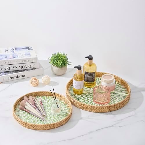 Round Rattan Tray with Mother of Pearl Inlay, Rattan Serving Tray with Wooden Base, Decorative Wicker Basket for Table Decor, Storage and Display of Coffee Bread Food Fruit (Leaf 13.5") - Image 3