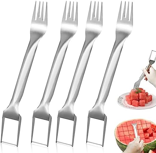 4 Pcs Watermelon Fork Slicer Cutter, Stainless Steel 2-in-1 Watermelon Fork Slicer, Portable Watermelon Fork Watermelon Cutter Slicer Tool Fruit Forks Slicer for Home Party Camping Kitchen Gadget by Unknown