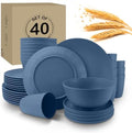 Wrova 40Pack plates and bowls sets for kids - Unbreakable wheat straw dinnerware sets service for 8 - Alternative plastic 40pcs dishes for kitchen, camping and indoors dinning - (Blue) by WROVA