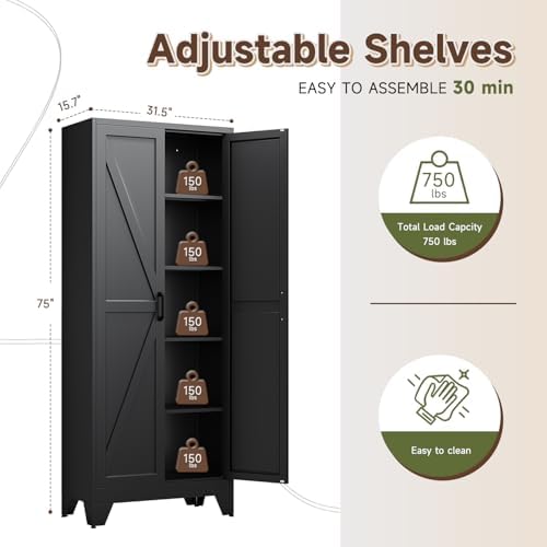 Letaya 75" H Metal Storage Cabinet with 2 Doors and 4 Shelves,Tall Kitchen Pantry Cabinets,Farmhouse Utility Pantry Organizers for Cupboard/Dining/Bathroom/Home Office/Garage Room,Black - Image 3