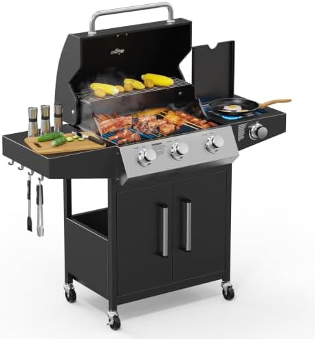 ROVSUN 3 Burner Propane Gas Grill with Side Burner, 46,000BTU BBQ Grills with Enameled Cast Iron Grates, Shelf & Cabinet for Outdoor Garden Patio Backyard Barbecue Cooking by ROVSUN