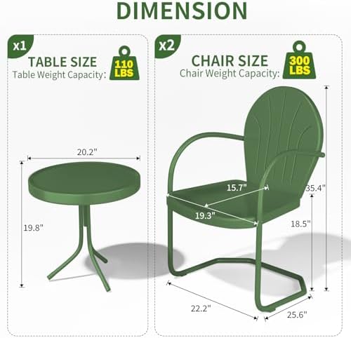 Outdoor 3-Piece Metal Bistro Set, Patio Conversation Set of 2,Green - Image 2