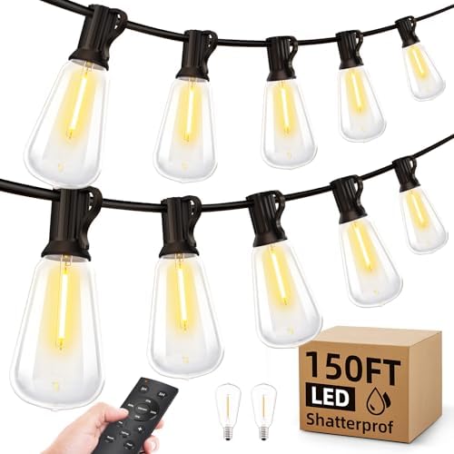 Outdoor String Led Patio Lights - 150Ft 45M Outside Waterproof Light With Remote Dimmable ST38 Shatterproof Bulb Connectable Hanging Outdoor Electric Lighting For Backyard Yard Gazebo Porch Party by MGVIH