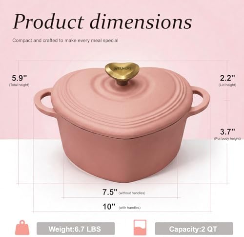 Overmont Enameled Cast Iron Dutch Oven - 2QT Pink Heart-Shaped Mini Pot - Image 2