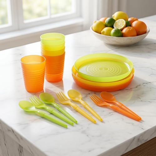 12-Piece Colorful Dinnerware Set， Orange Yellow Green Dopamine Color Matching, Unbreakable Lightweight with Plates Cups Spoons Forks for Home Daily Kitchen Picnic Camping - Image 4